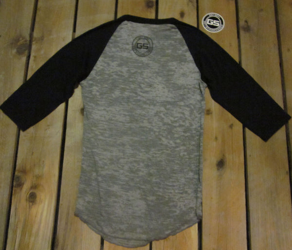 BLACK SCRIPT ON BLACK & GREY - UNISEX BURNOUT BASEBALL T-SHIRT