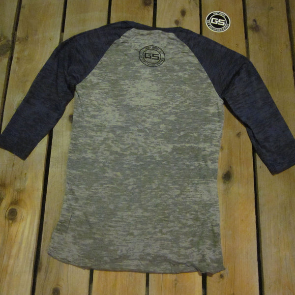 BLACK SCRIPT ON BLUE & GREY - UNISEX BURNOUT BASEBALL T-SHIRT