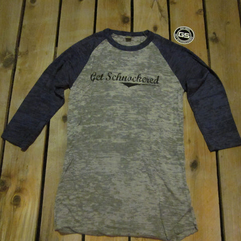 BLACK SCRIPT ON BLUE & GREY - UNISEX BURNOUT BASEBALL T-SHIRT