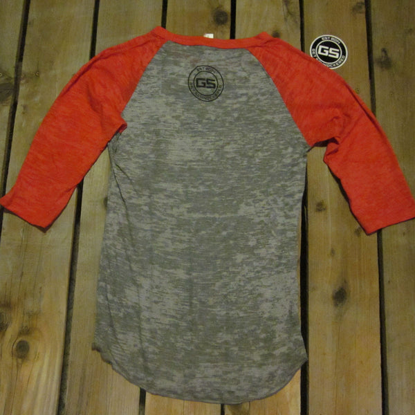 BLACK SCRIPT ON RED & GREY - UNISEX BURNOUT BASEBALL T-SHIRT