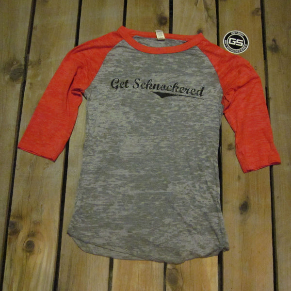 BLACK SCRIPT ON RED & GREY - UNISEX BURNOUT BASEBALL T-SHIRT