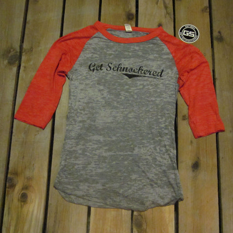 BLACK SCRIPT ON RED & GREY - UNISEX BURNOUT BASEBALL T-SHIRT