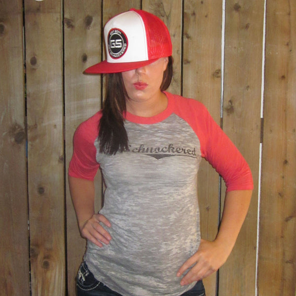 BLACK SCRIPT ON RED & GREY - UNISEX BURNOUT BASEBALL T-SHIRT