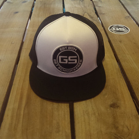 FLAT BILL SNAPBACK TRUCKER HAT - CLASSIC WHITE ON WHITE & BLACK