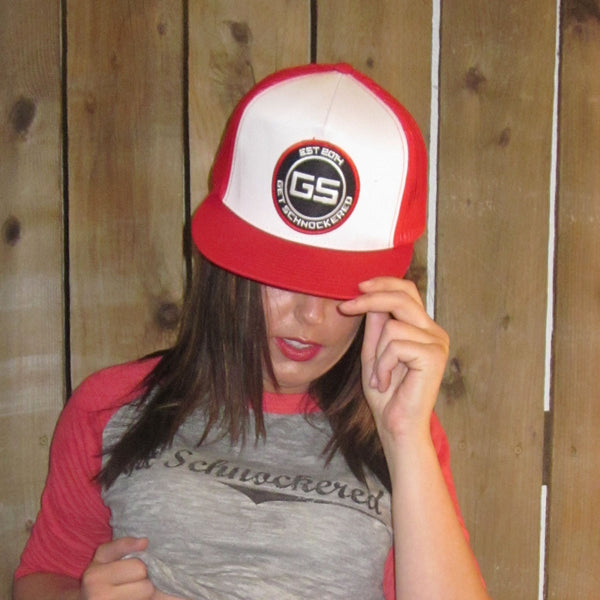 FLAT BILL SNAPBACK TRUCKER HAT - CLASSIC RED ON WHITE & RED