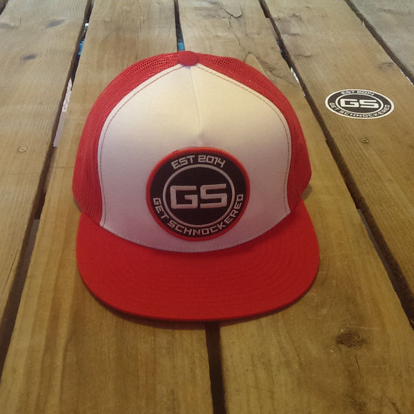 FLAT BILL SNAPBACK TRUCKER HAT - CLASSIC RED ON WHITE & RED